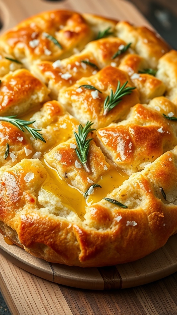 Golden brown focaccia bread topped with rosemary and sea salt, cut into squares on a wooden board.